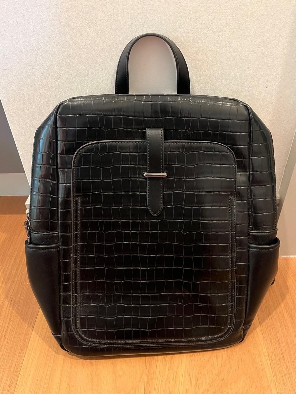Bromen Black Croc-Embossed Leather Laptop Backpack